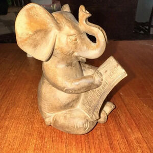 Sculpted Elephant Statuette/Bookend Reading Resin Modern Natural Finish